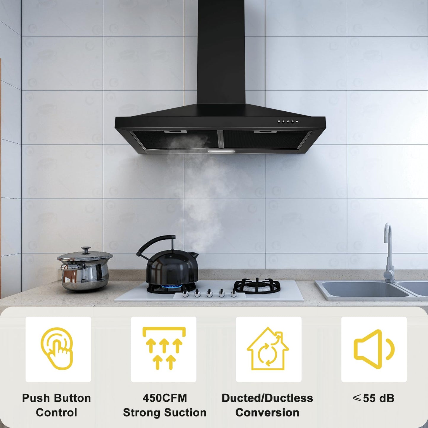 SNDOAS Black Range Hood 30 inch,Hood Vents for Kitchen with Ducted/Ductless Convertible,Vent Hoods 30 inch,Wall Mount Ductless Range Hood,Stainless Steel Kitchen Vent Hood with LED Light