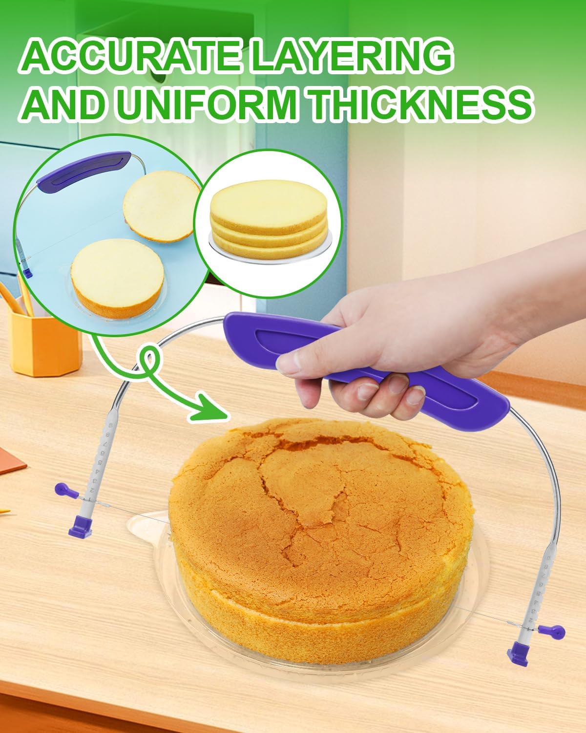 Adjustable 2- wire Cake Slicer Leveler Small Cake Cutter Slicer for Leveling Tops of Layer Cakes Professional Baking Tool with Stainless Steel Wires and Purple Handle By Prokitchen