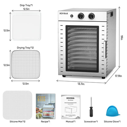 ROVRAk Food Dehydrator for Jerky, Fruit, Meat, Herbs, 12-Tray Stainless Steel Dehydrator Machine, Adjustable Timer, Temperature Control, Overheat Protection (67 Recipes)