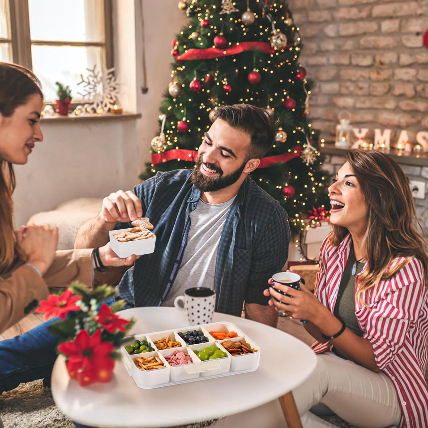 LUXEAR Divided Serving Tray with Lid and Handle Snack Box Charcuterie Container Dishwasher Safe 2Pack Snack Platters Portable Clear Organizer for Fruits, Candy, Snacks, Picnic, Party&Travel