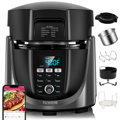 Nuwave Duet Air Fryer and Electric Pressure Cooker Combo with 2 Switchable Lids, 300 FoolProof One-Touch Presets, Crisp&Tender Tech, 6QT Heavy-duty Stainless Steel Pot, 15+ Safety Features