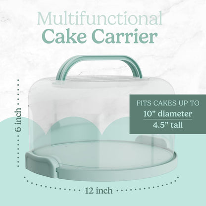 Cake Carrier with lid and Handle - Multipurpose Cake Stand with Lid for 10” Cake, Pie, Cupcakes - Cake Holder & Lid, Plastic Cake Container, Round Cake Cover for Transport & Storage (Seafoam Green)