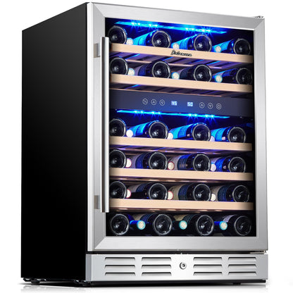 Kalamera 24 inch Wine Cooler, 46 Bottle - Dual Zone Built-in or Freestanding Fridge with Stainless Steel Reversible Glass Door, for Home, Kitchen, or Office.