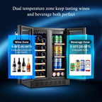 BODEGACOOLER 24 Inch Wine and Beverage Refrigerator, 2 Door Commercial Back Bar Cooler, Dual Zone Wine Cooler Refrigerator, Back Bar fridge for bar, party, Hold 20 Bottles and 57 Cans,LED light,Black.