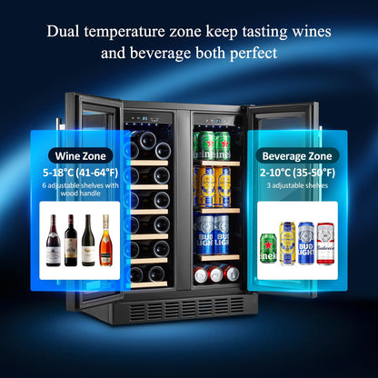 BODEGACOOLER 24 Inch Wine and Beverage Refrigerator, 2 Door Commercial Back Bar Cooler, Dual Zone Wine Cooler Refrigerator, Back Bar fridge for bar, party, Hold 20 Bottles and 57 Cans,LED light,Black.