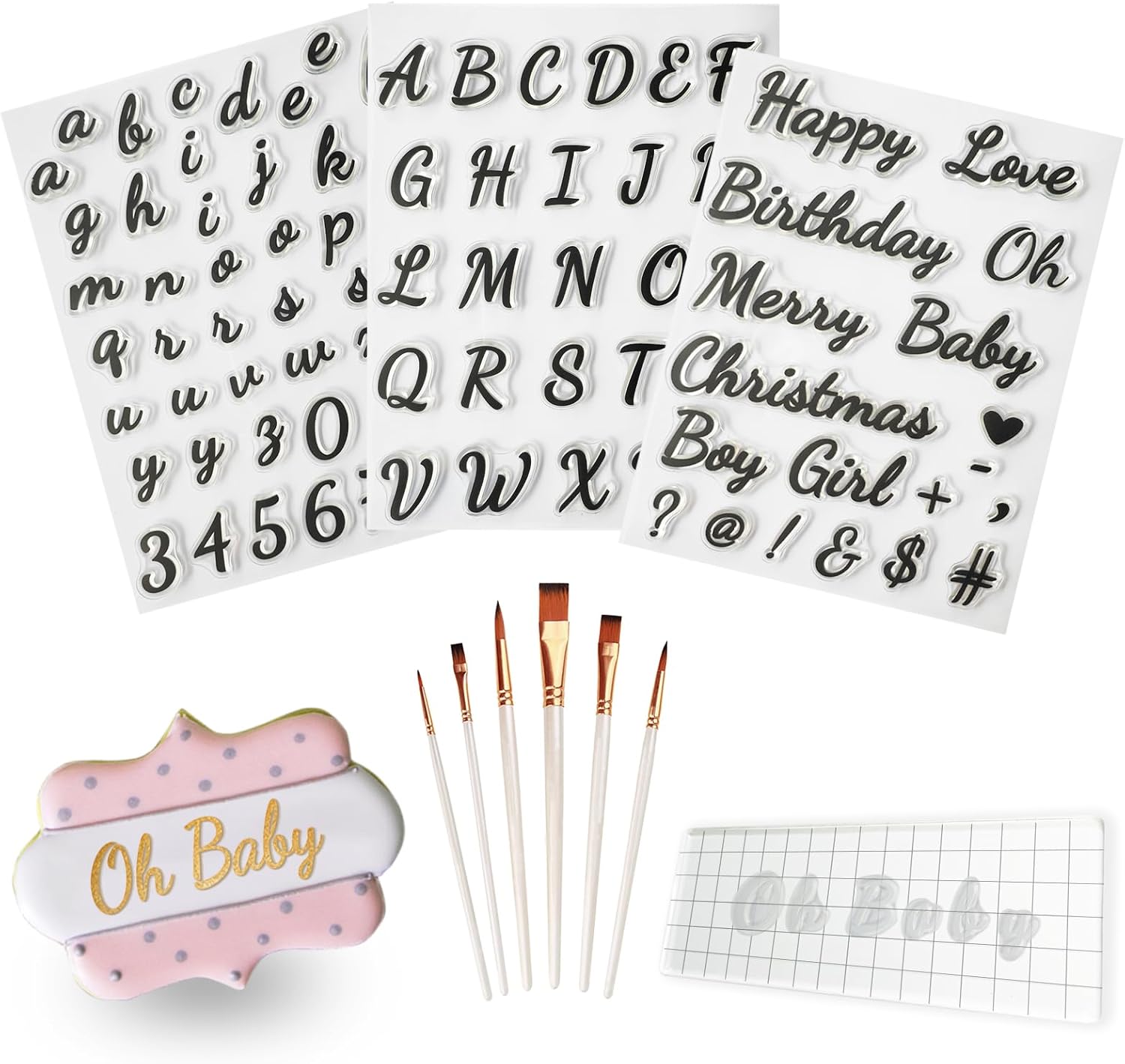 4PCS Alphabet Cake Stamps Tool with Brushes for Fondant Cookie Biscuit, Pretty Handwriting Food Grade Fondant Letter Stamp Uppercase Lowercase Numbers Words Reusable Cookie Stamp for Christmas Party