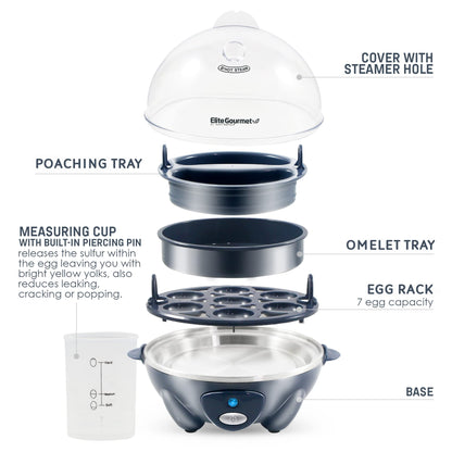 Elite Gourmet Easy Electric 7 Egg Capacity Soft, Medium, Hard-Boiled Cooker Poacher, Scrambled, Omelet Maker with Auto Shut-Off and Buzzer, BPA Free