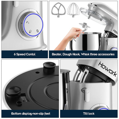 Mikser stojący HOWORK 8,5 QT, 660 W, 6 prędkości, głowica odchylana, elektryczny mikser kuchenny z hakiem do ciasta, mieszadłem, trzepaczką i osłoną do wylewania (8,5 QT, srebrny)