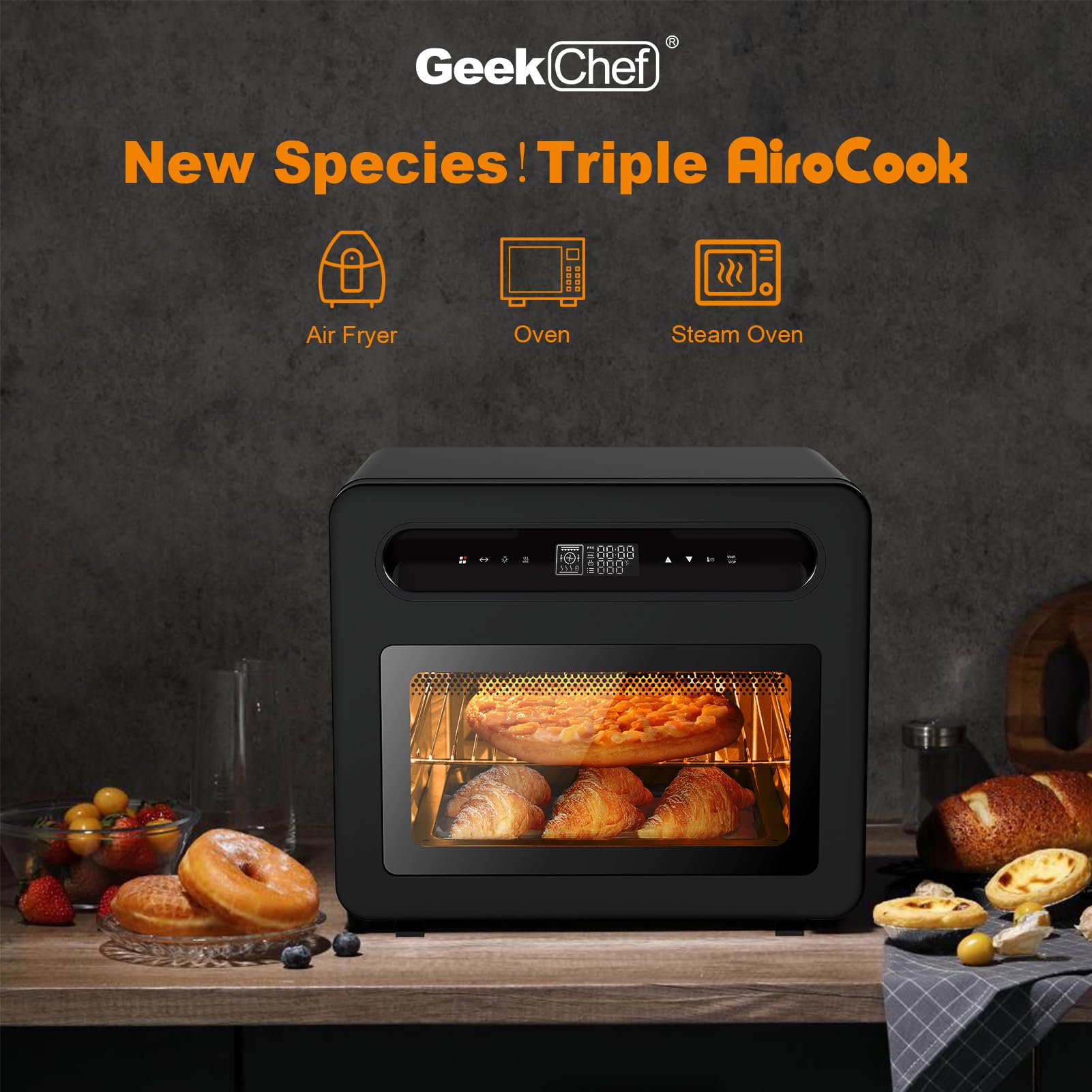 26QT Air Fryer Toaster Oven, Steam Countertop Oven, Fit 12" Pizza, 6 Slices Toast, Large Capacity, Rotisserie and Dehydrator, Pizza
