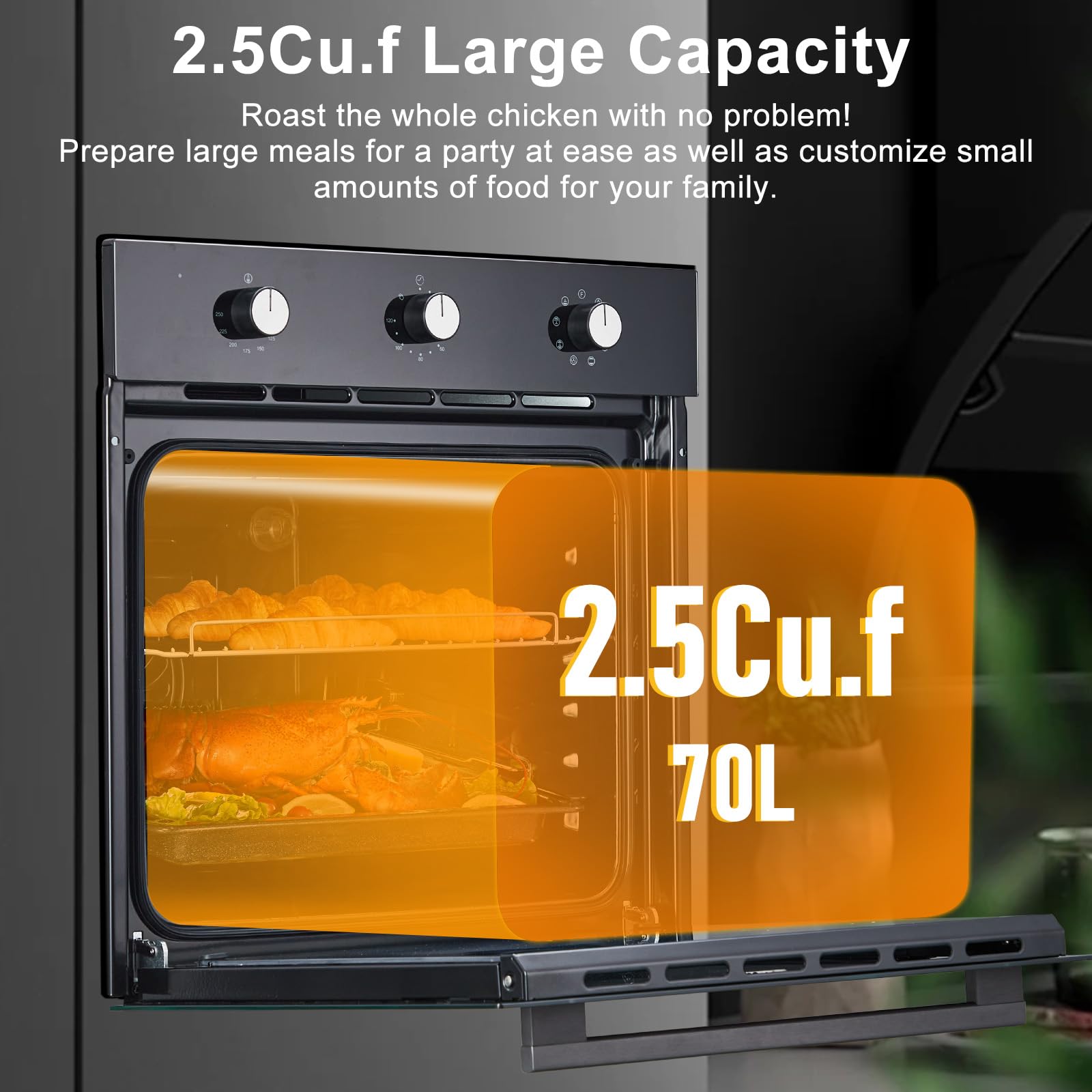 Piekarnik ścienny TacleeKii Single Wall Oven 24" do zabudowy elektryczny - 2,5 Cu.Ft duża pojemność, doskonała moc gotowania, 8 trybów gotowania, 3000 W, szkło bezpieczne z potrójną warstwą