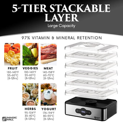 Magic Mill Food Dehydrator Machine | 5 Stackable Stainless Steel Trays Jerky Dryer with Digital Adjustable Timer & Temperature Control - Electric Food Preserver for Fruits, Veggies, Meats & Dog Treats