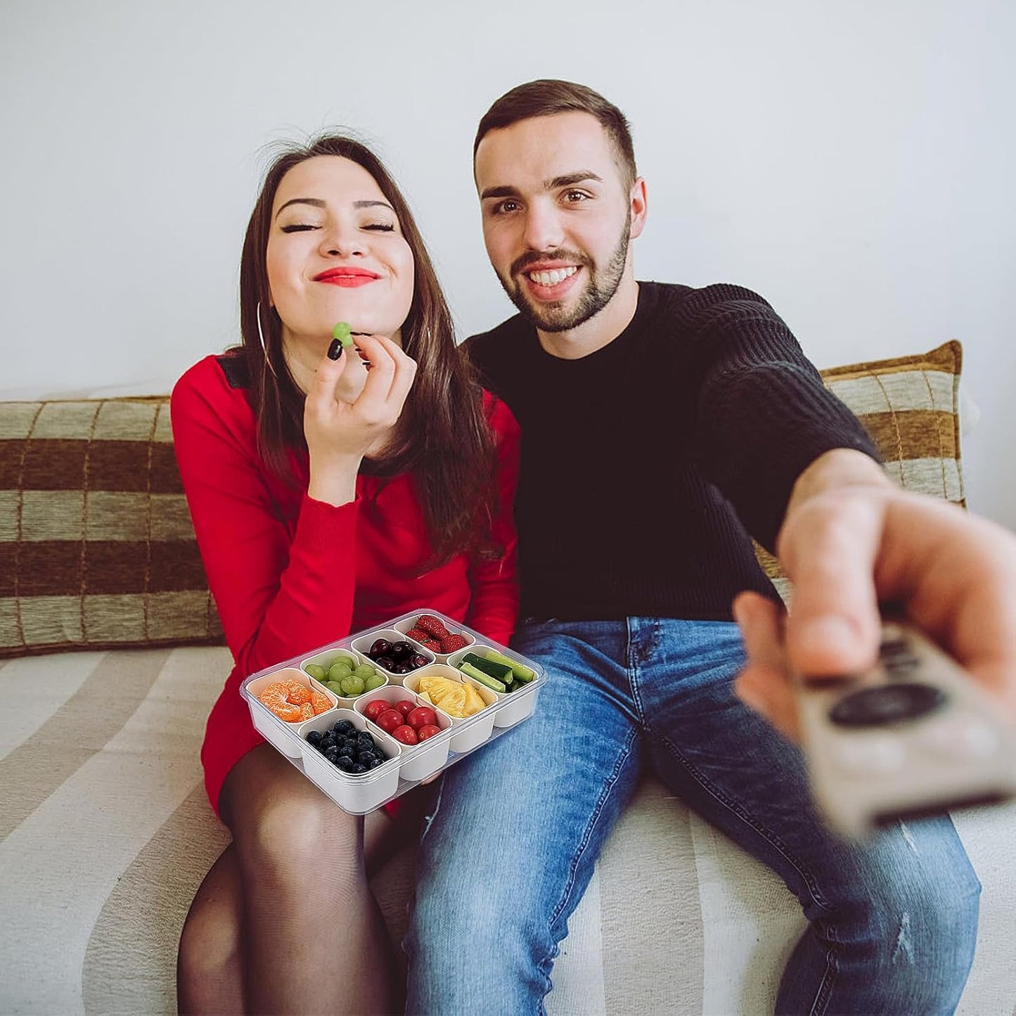 Snackle Box Container, 8 Compartments Divided Serving Tray with Lid and Handle, Portable Snack Box Containers for Veggie Tray Charcuterie Boxes Fruit Storage Candy Organizer (8 Compartments)