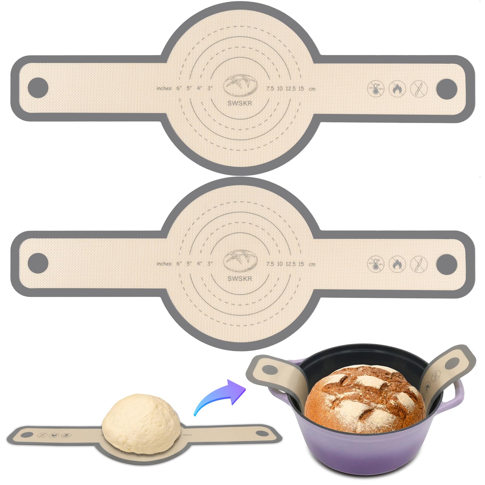 Silicone Bread Sling for Dutch Oven, 2 Pcs Non-Stick & no objectional odor Bread Baking Mat Set, antislip Reusable Bread Sling with Long Handle to Transfer Sourdough, large, Gray