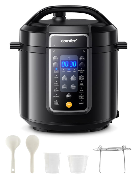 COMFEE’ 9-in-1 Electric Pressure Cooker 13 Presets Instant Multi Cooker Olla de Presion Slow Cooker Rice Cooker Steamer Sauté Yogurt Maker Non-Stick Pot 6 Quart Black, Aluminum