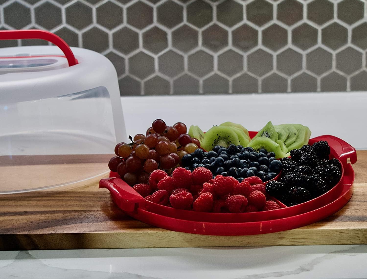 Top Shelf Elements Round Cake Carrier For Up To 10 Inch Cake Portable Cake Stands Two Sided Cake Box With Handle Fashionable Base Doubles as Five Section Serving Tray Container Holds Pies(Scarlet)