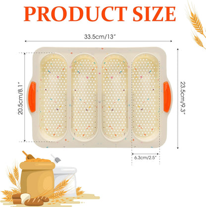 French Bread Hoagie Sub Roll Baking Pans 4-slot, Non Stick Silicone Mould Mold Tray for Sandwich Baguette Hot Dog Bun Loaf Food, Mini Tool Set for Restaurant Homemade Household Breakfast Dinner-Beige