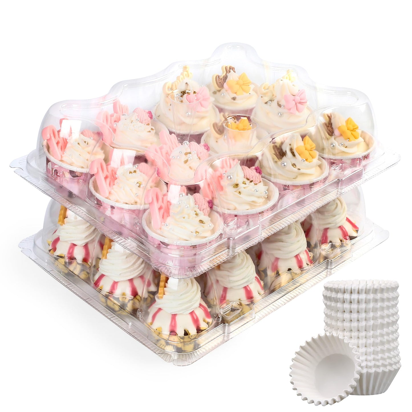 LotFancy Cupcake Containers 12 Count, 12 Sets, Plastic Dozen Cupcake Boxes, Disposable Cupcake Carrier Holder with Detachable Tall Dome Lid, BPA Free, Standard Size