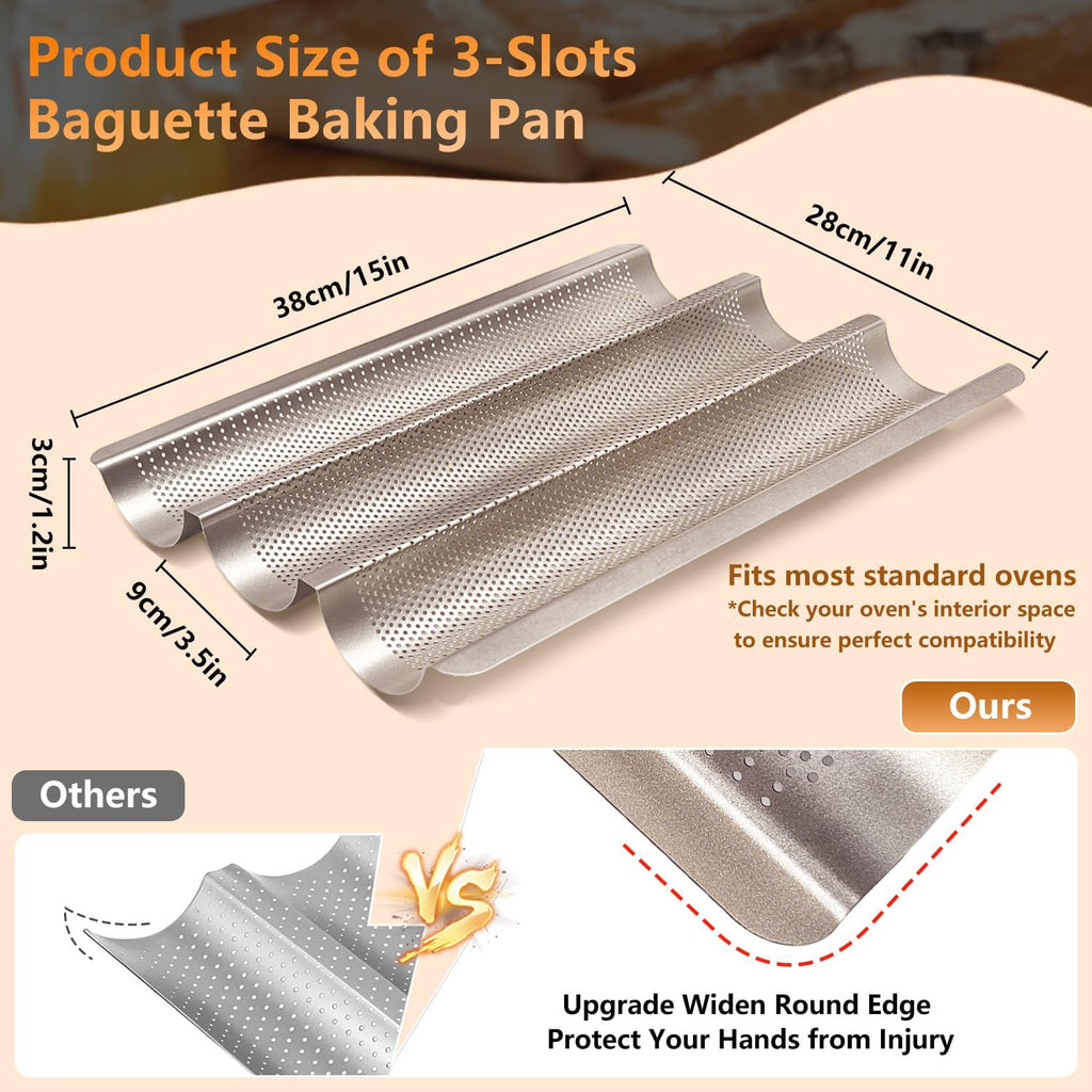 Baguette Pans 15" x 11", 3 Loaf Nonstick Baguette Baking Tray for French & Italian Bread with Proofing Cloth, Scoring Tool & 50pcs Parchment Paper, Home Bread Baking Supplies Kit