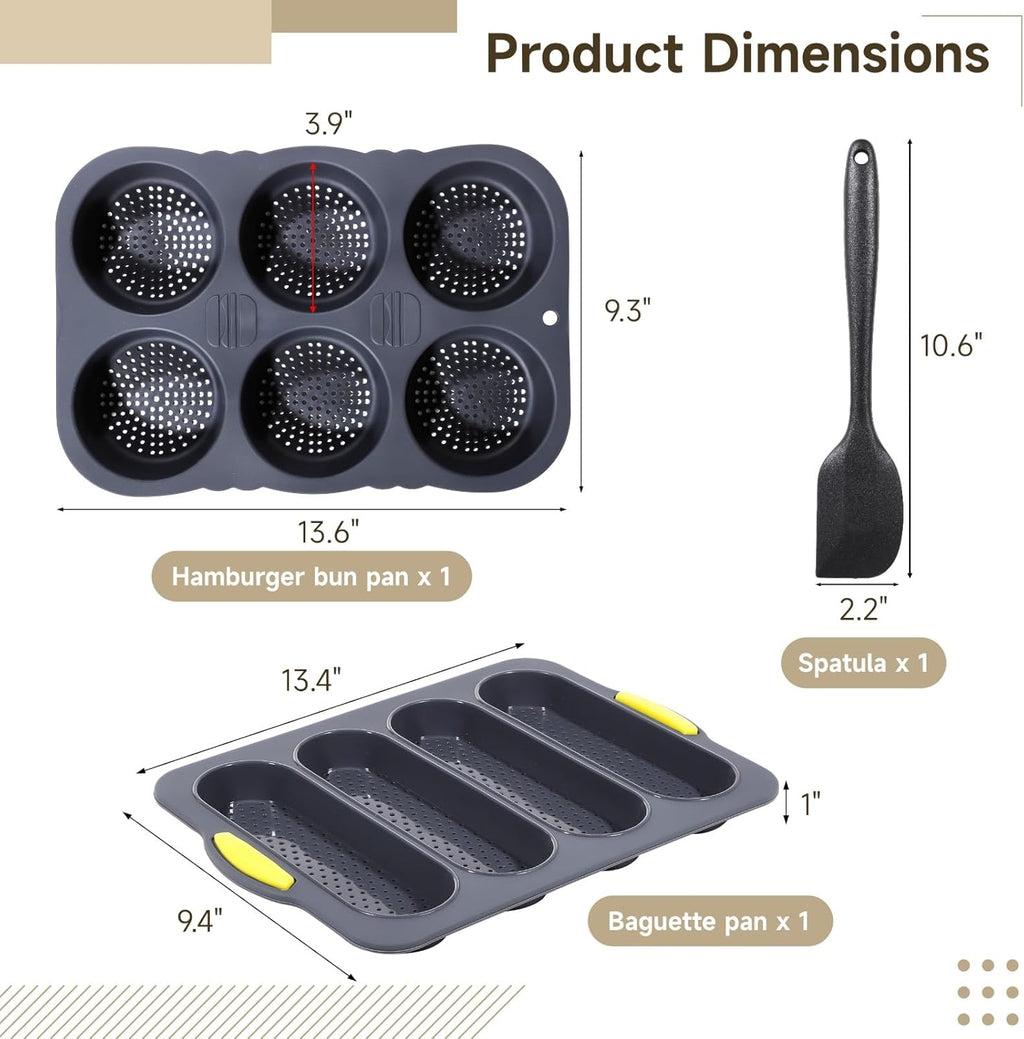 OMISTAR 3 PCS Silicone Baguette Pan and Hamburger Bun Pan Set,Non-stick French Bread Baking Mold,4 Wave French Bread Baking Tray,6 Cup Hamburger Bun Mold with Scraper