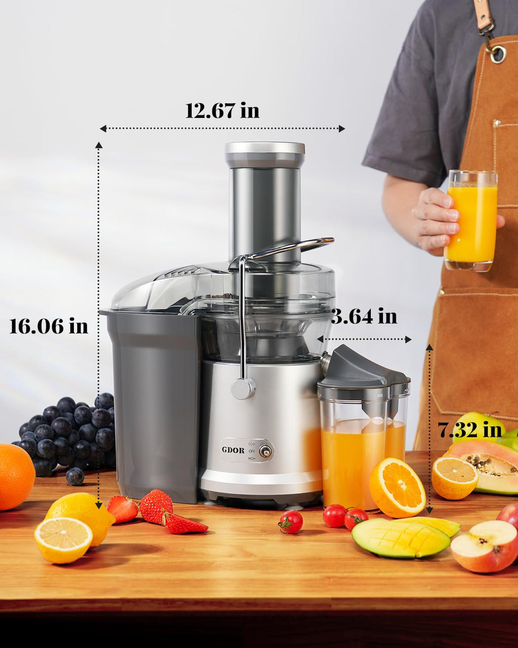 GDOR 1200W Juicer with Larger 3.2" Feed Chute, Titanium Enhanced Cutting System, Centrifugal Juice Extractor Maker with Heavy Duty Full Copper Motor, Dual Speeds, BPA-Free, Silver