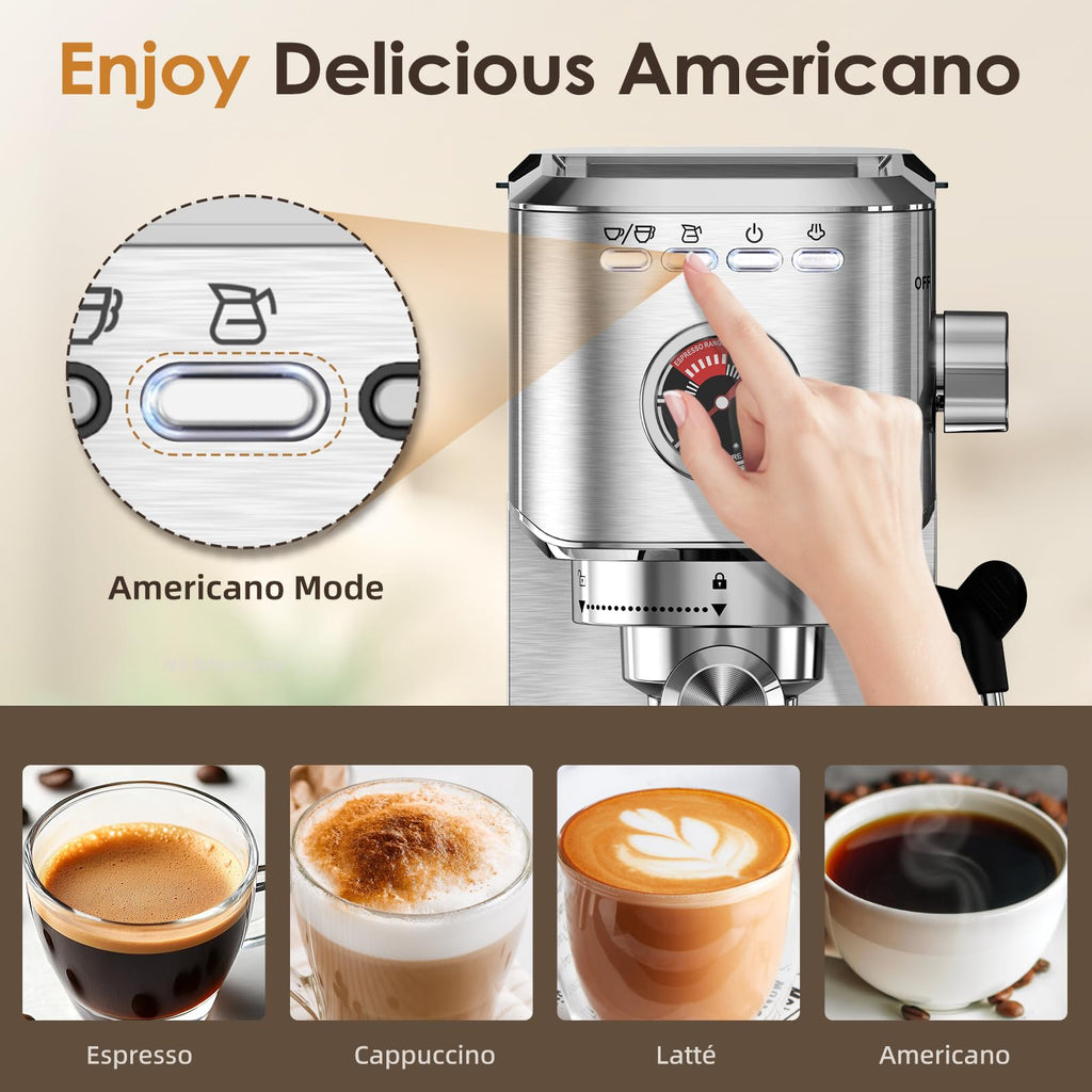 Ekspres do kawy Spacekey 20 barów, profesjonalny ekspres do kawy o mocy 1350 W ze spieniaczem do mleka, kompaktowy ekspres do cappuccino, latte i americano ze stali nierdzewnej z wyjmowanym zbiornikiem na wodę o pojemności 39 uncji, srebrny
