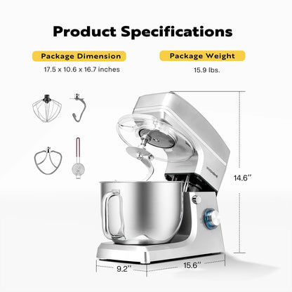 VIVOHOME 7.5 Quart Stand Mixer, 660W 6-Speed Tilt-Head Kitchen Electric Food Mixer with Beater, Dough Hook, Wire Whip, and Egg Separator, Silver