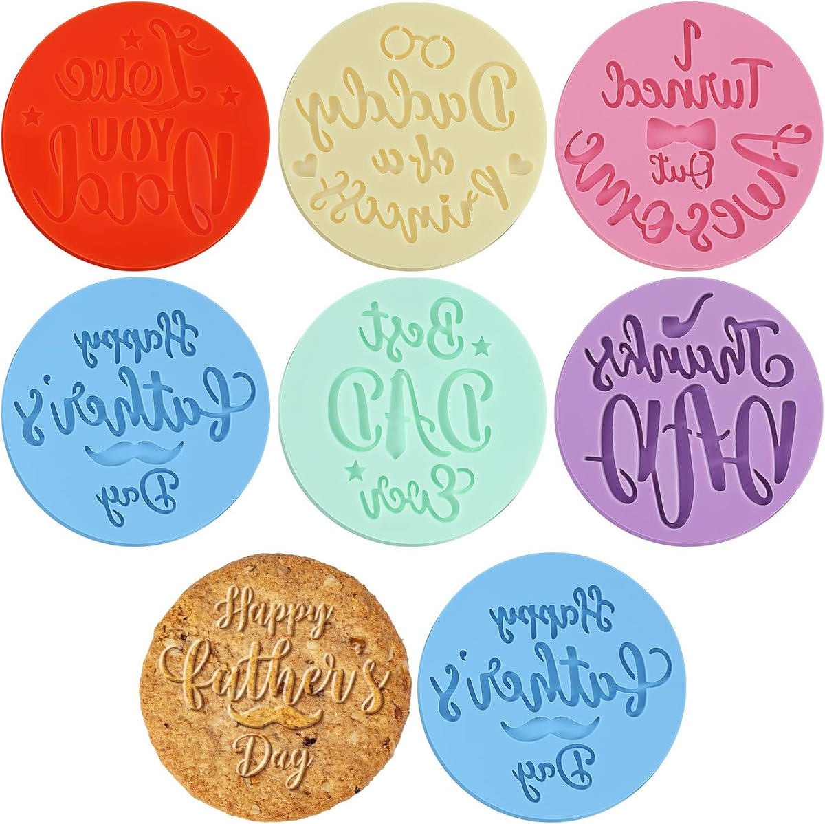 Zubebe 6 Pcs Cookie Stamp Tool Cake Embosser Cutters Mini Cake Mold Fondant Stamp 3D Design Cookie Embosser for Party Supplies Kitchen DIY Baking Tools(Father's Day)