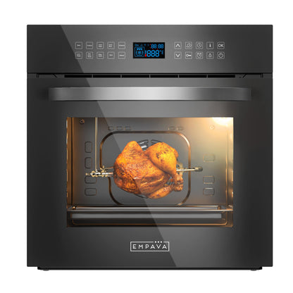 Empava 24 Inch Electric Single Wall Oven 10 Cooking Functions Deluxe 360° ROTISSERIE with Sensitive Touch Control in Silver Mirror Glass