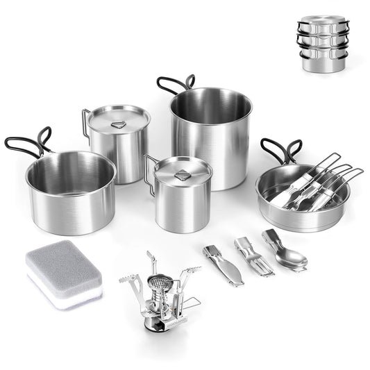 Odoland 13pcs Stainless Steel Camping Cookware Camping Pots and Pan Set with Portable Camping Stove Camping Mess Kit with Cups Forks Knives Spoons for Hiking Backpacking and Picnic