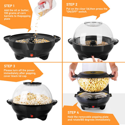 TLGREEN 6 Quart Popcorn Machine, Stir Crazy Popcorn Popper Machine, Electric Hot Oil Popcorn Maker Machine, with Nonstick Plate & Stirring Rod, Large Lid for Serving Bowl. (Black)