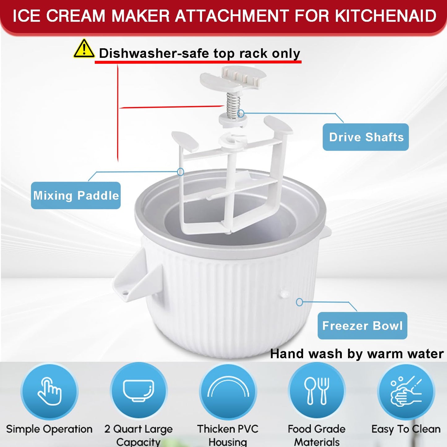 Ice Cream Maker Attachment for KitchenAid Stand Mixer, Compatible with 4.5/5QT & 6QT Stand Mixers, 2 Quart Frozen Kitchenaid Ice Cream Maker Attachment Ice Cream Bowl for Yogurt/Sorbet Gelato