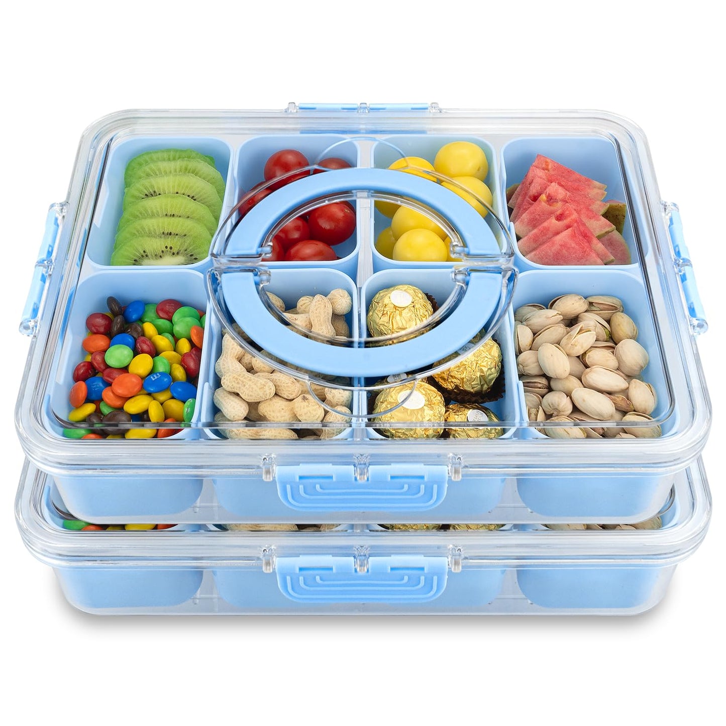 Divided Serving Tray with Lid and Handle,8 Compartments Snacks Box,Snack Fruit and Veggie Tray,Portable Platter for Candy Fruits Nuts Snack Party Entertaining Picnic (1 PCS)