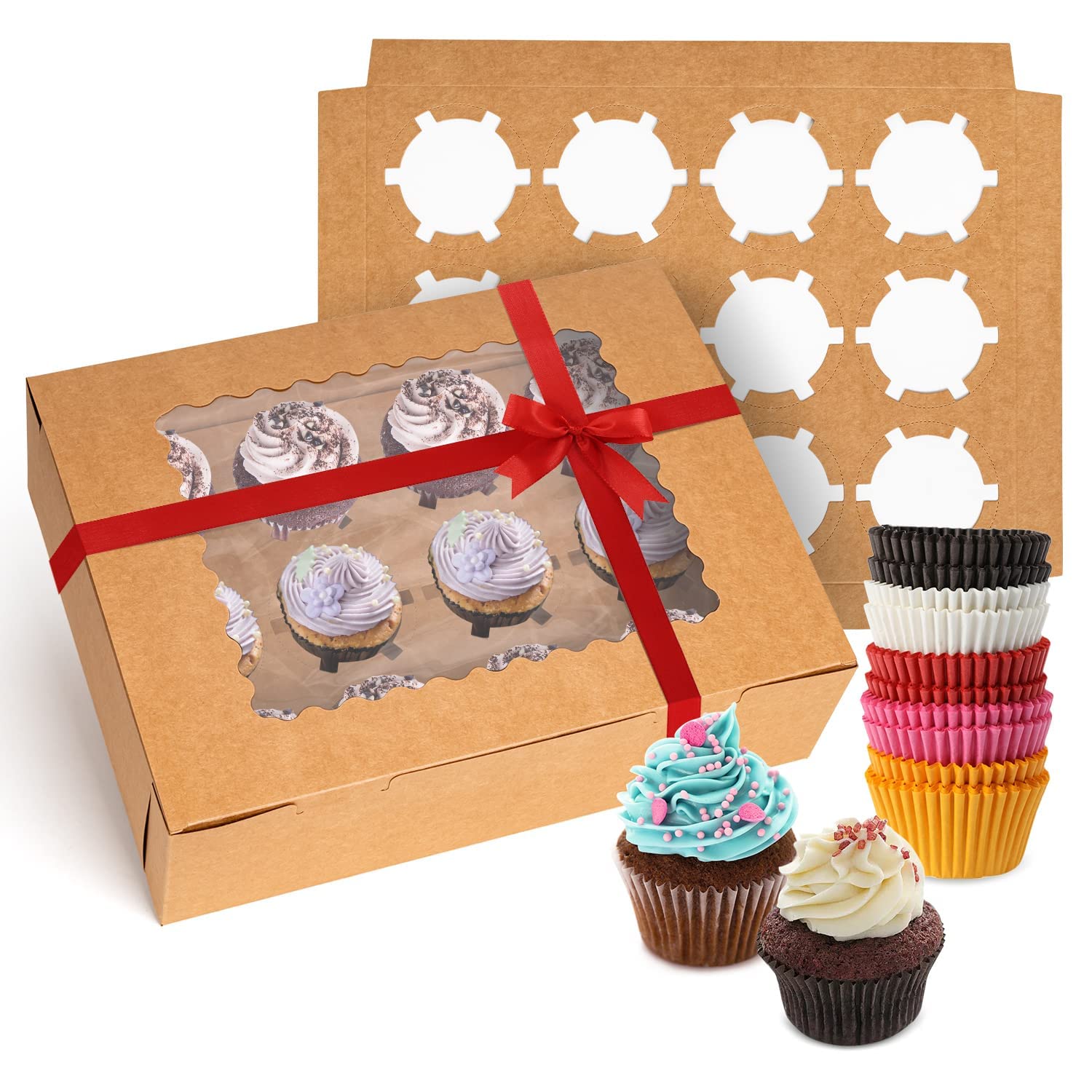 Rarapop 6 Pack Cupcake Boxes Hold 12 Standard Cupcakes, Food Grade Cupcake Holders Bakery Carrier Boxes with Windows and Inserts for Cupcakes, Muffins and Pastries