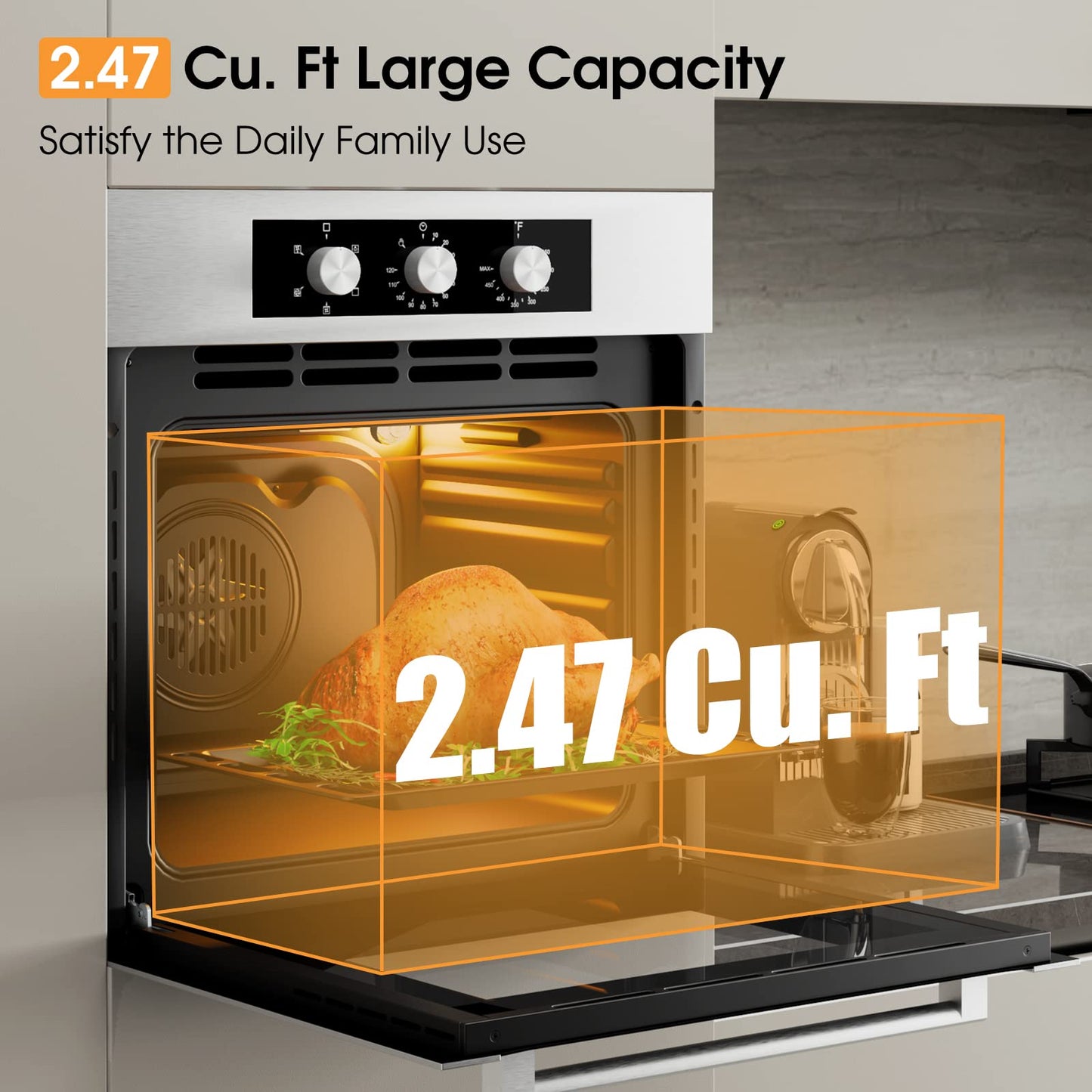 COSTWAY 24" Single Wall Oven, Electric Built-in Wall Oven with 2.47 Cu. Ft. Capacity, 5 Cooking Functions, 360° Rotisserie and Timer, 2300W Built-in Oven in Stainless Steel with Mechanical Knobs