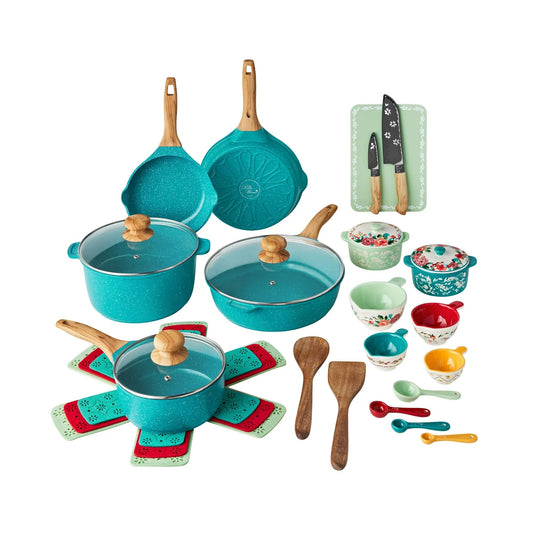 The Pioneers Womans Prairie Signature 30-Piece Cast Aluminum Cookware Set, Teal – Nonstick, Oven Safe, Durable Cookware with Utensils, Knives, and Storage Protection