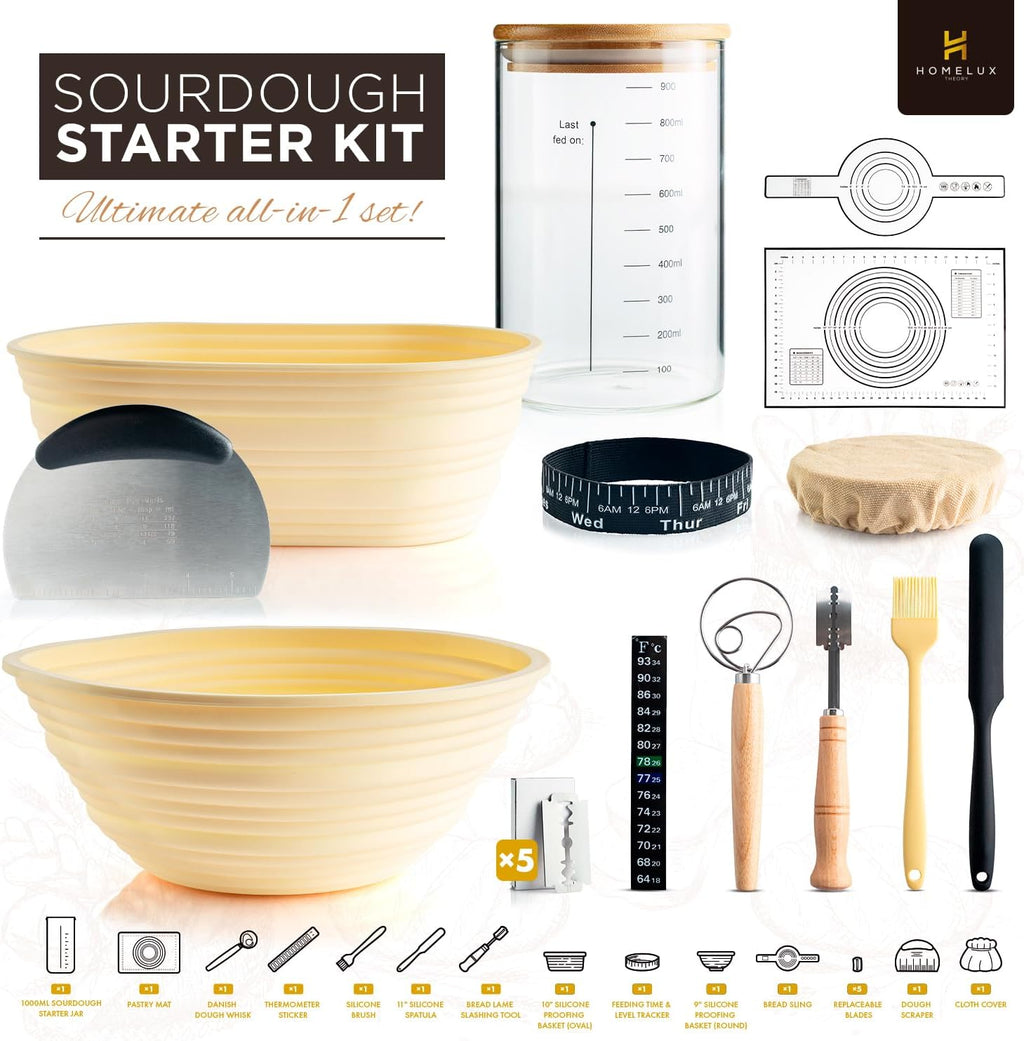 Sourdough Starter Kit, Silicone Banneton Bread Proofing Basket Set, Sourdough Bread Baking Supplies, Bread Making Kit for Sourdough Proofing with Bread Baking Bowl for Artisan Breads (Yellow)