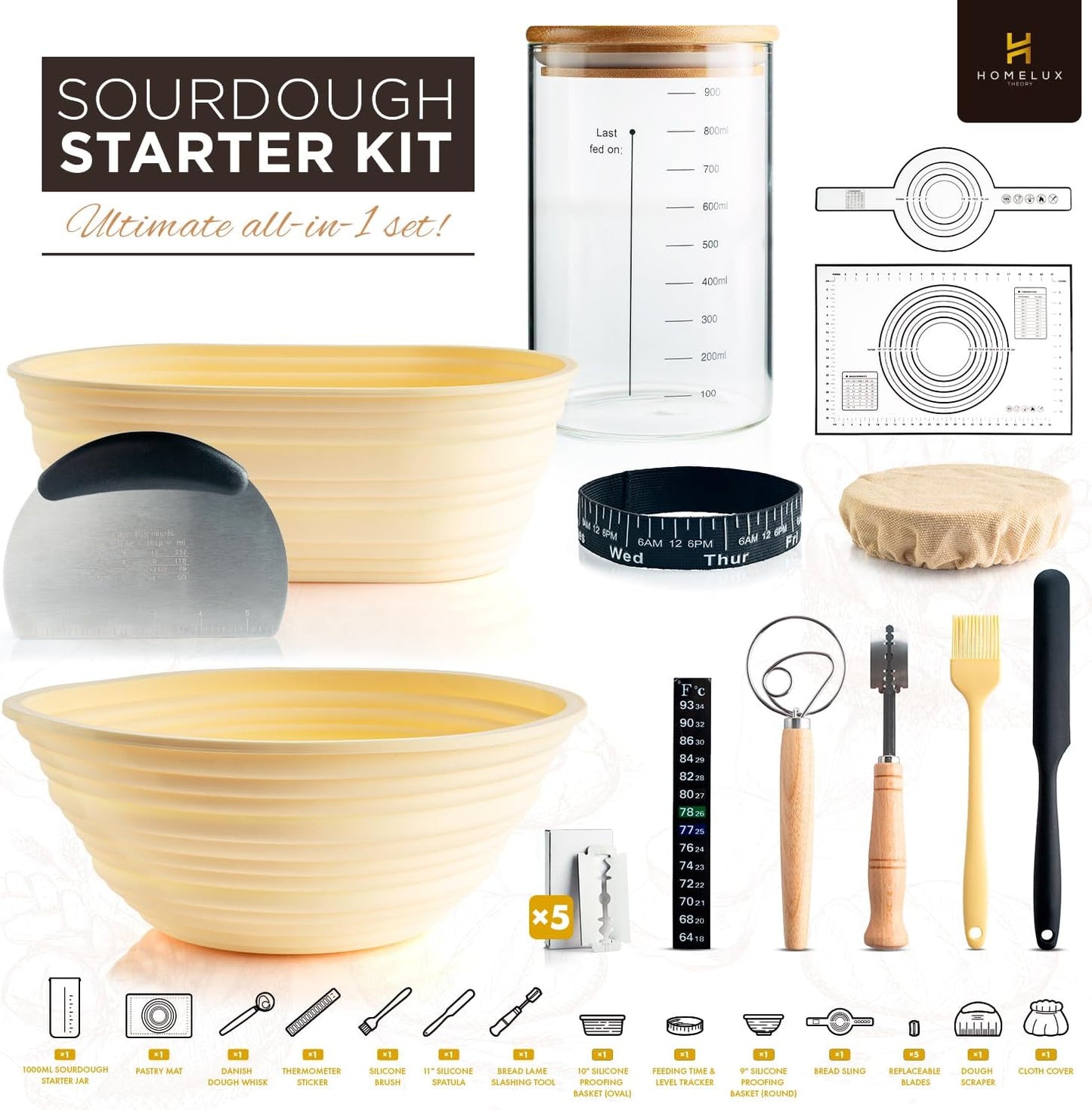 Sourdough Starter Kit, Silicone Banneton Bread Proofing Basket Set, Sourdough Bread Baking Supplies, Bread Making Kit for Sourdough Proofing with Bread Baking Bowl for Artisan Breads (Yellow)