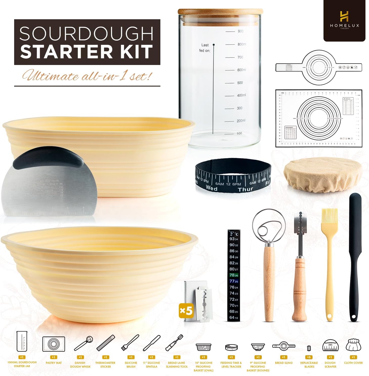 Sourdough Starter Kit, Silicone Banneton Bread Proofing Basket Set, Sourdough Bread Baking Supplies, Bread Making Kit for Sourdough Proofing with Bread Baking Bowl for Artisan Breads (Yellow)
