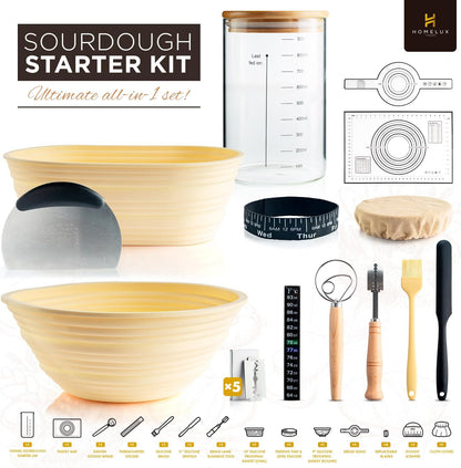 Sourdough Starter Kit, Silicone Banneton Bread Proofing Basket Set, Sourdough Bread Baking Supplies, Bread Making Kit for Sourdough Proofing with Bread Baking Bowl for Artisan Breads (Yellow)