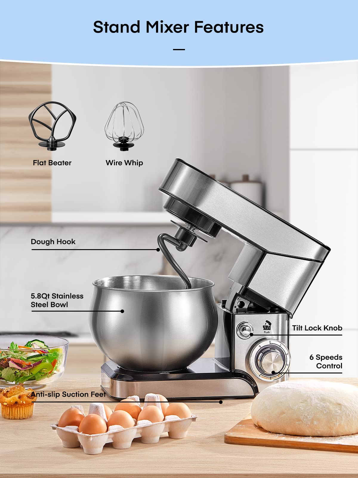 Stand Mixer FOHERE, 5.8 QT Stainless Steel Mixer with Dough Hook, Mixing Beater, Wire Whip, Dishwasher-safe, 6+P Speeds Tilt-Head Kitchen Dough Mixers for Cake, Electric Home Cooking Kitchen Mixer