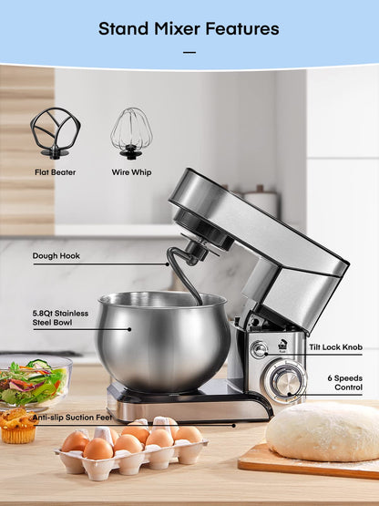 Stand Mixer FOHERE, 5.8 QT Stainless Steel Mixer with Dough Hook, Mixing Beater, Wire Whip, Dishwasher-safe, 6+P Speeds Tilt-Head Kitchen Dough Mixers for Cake, Electric Home Cooking Kitchen Mixer