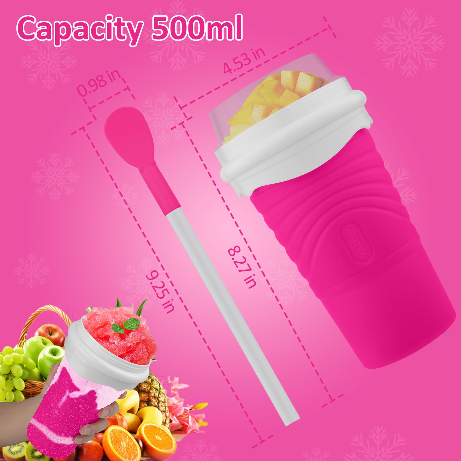 Slushie Maker Cup, DIY Magic Slushy Maker Squeeze Cup, Portable Smoothie Squeeze Cup for Juices, Milk and Ice Cream Make, Double Layers Silica Cup with Lid & Straw for Friends, Family Gifts (Pink)
