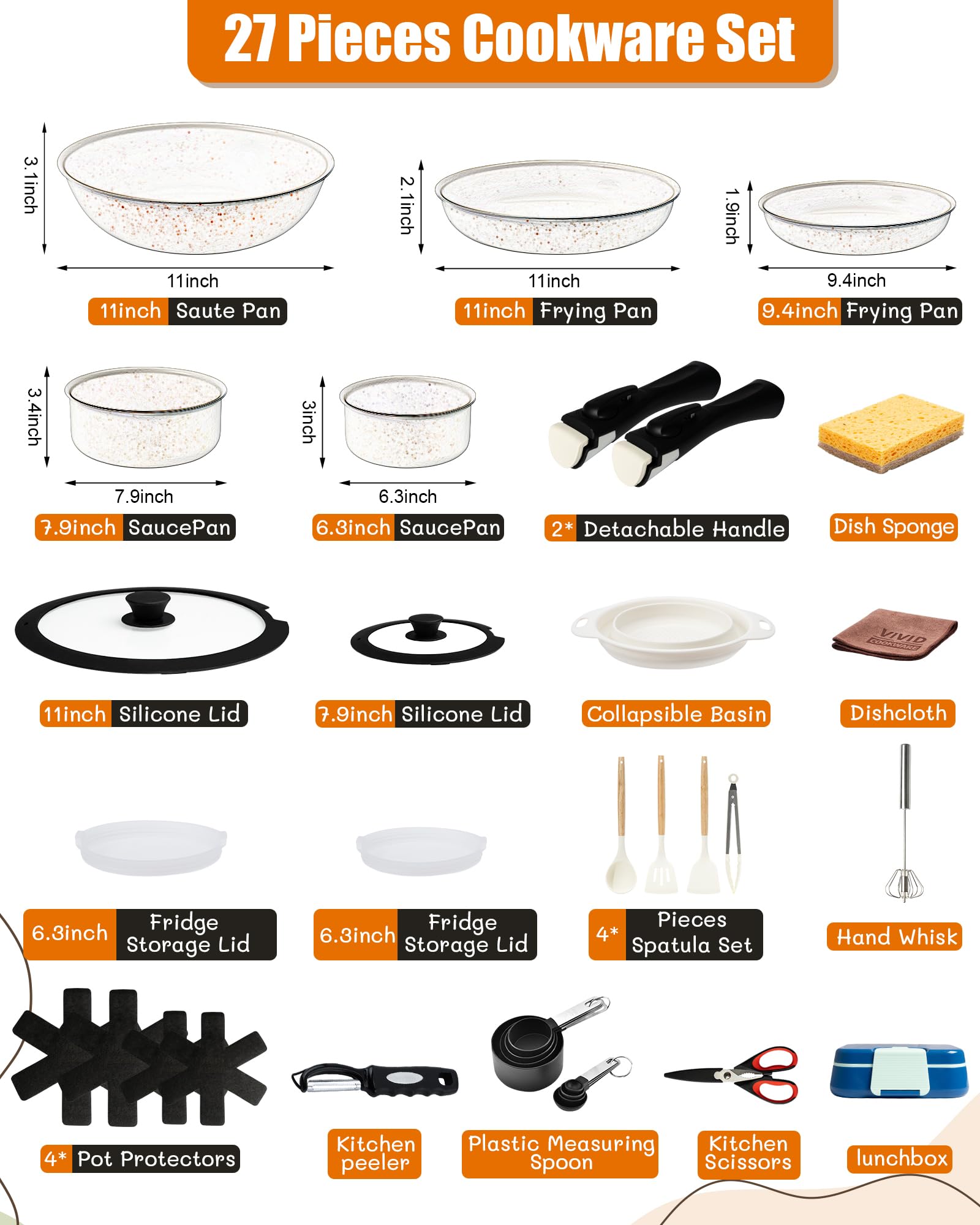 Nonstick Pots and Pans Set, Ceramic Cookware with Detachable Handle, Space-Saving Design, Black Cookware Set with Collapsible Dish Basin, Bento Box, Peeler, and More, Oven Safe