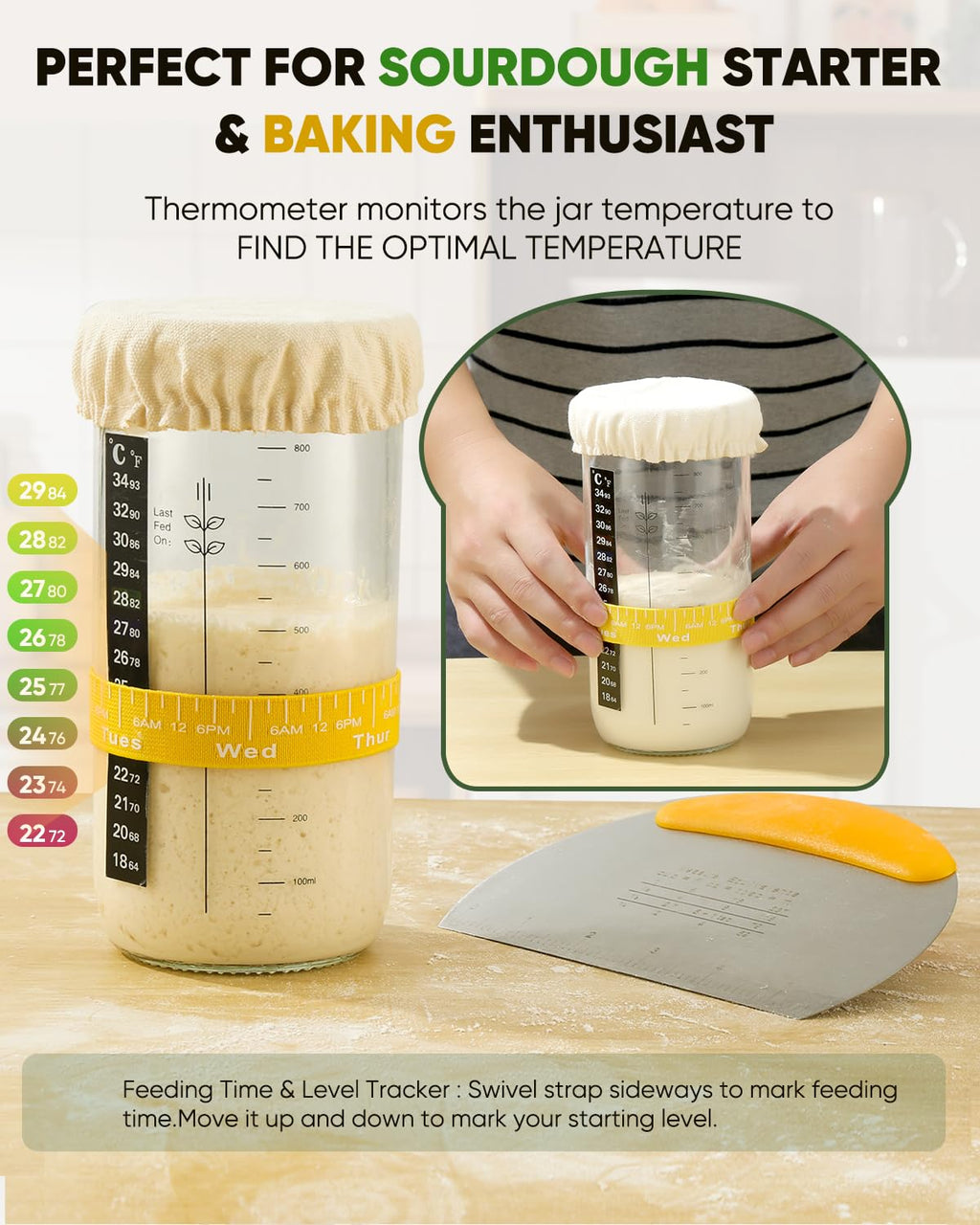 Sourdough Bread Baking Supplies 34 OZ Sourdough starter kit with 2 Bread Proofing Basket - Yellow