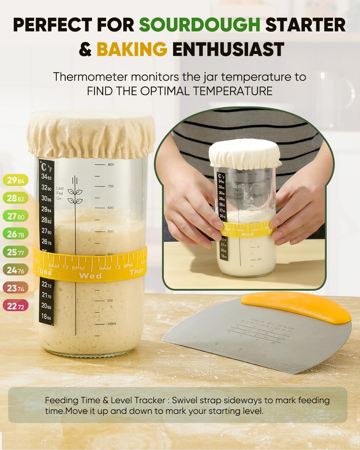 Sourdough Bread Baking Supplies 34 OZ Sourdough starter kit with 2 Bread Proofing Basket - Yellow