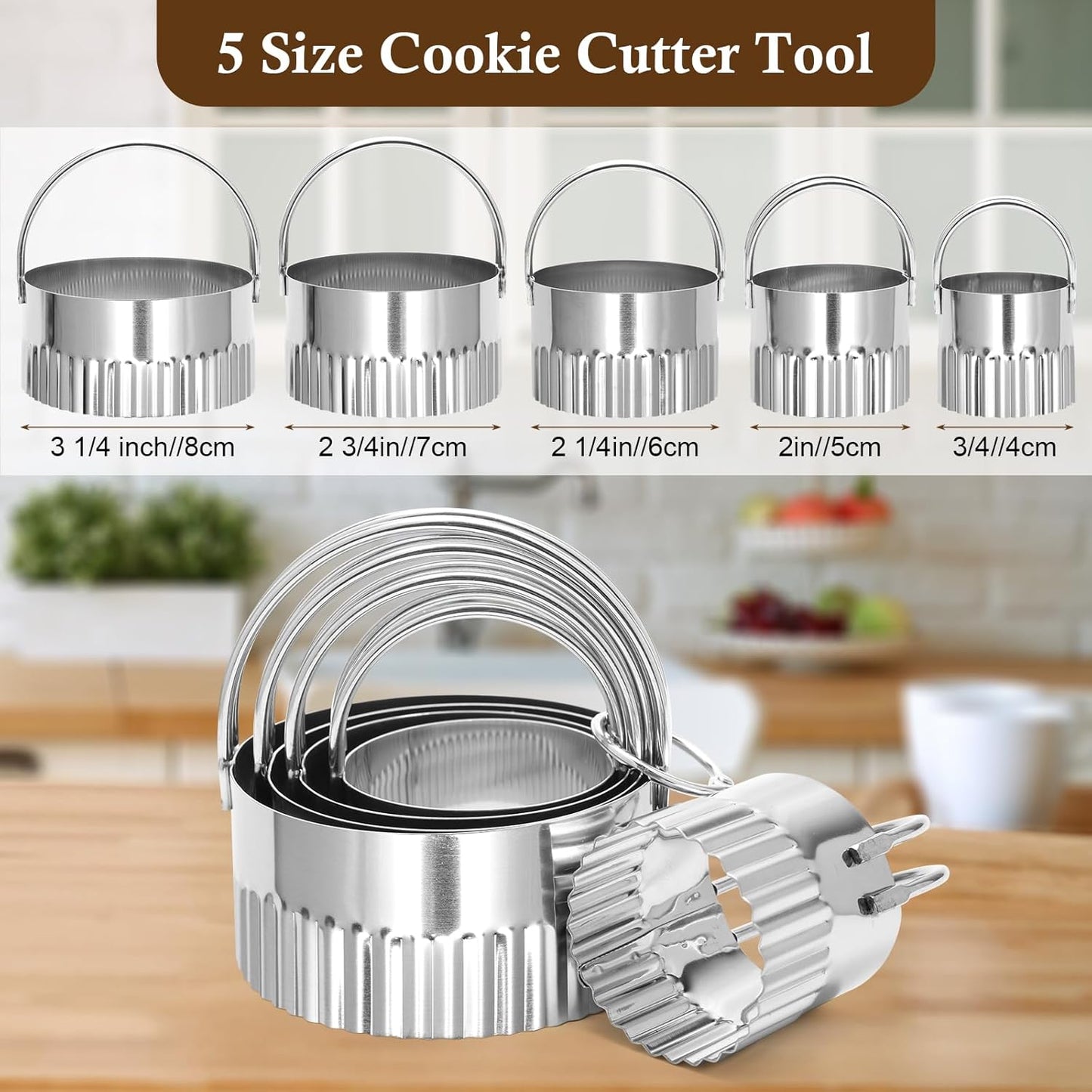 3+5 Cookie Stamps Biscuit Cutter Set, Luxiv 3 Molds Metal Cookie Press Mold Wooden Handle Embossing Stamper, 5 Size Cookie Cutter Tool, Hand-press Biscuit Stamper for DIY Baking Tool