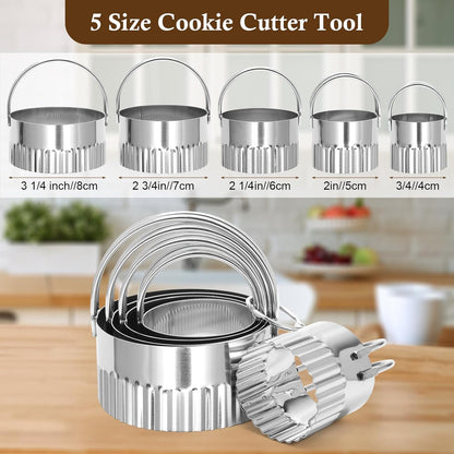 3+5 Cookie Stamps Biscuit Cutter Set, Luxiv 3 Molds Metal Cookie Press Mold Wooden Handle Embossing Stamper, 5 Size Cookie Cutter Tool, Hand-press Biscuit Stamper for DIY Baking Tool