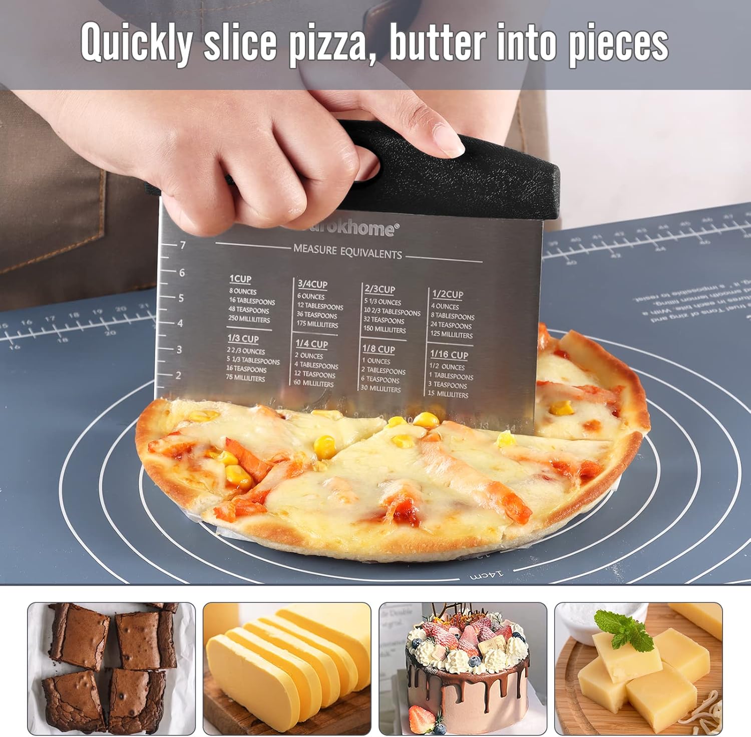 Ourokhome Dough Pastry Bench Cutter Scraper, Stainless Steel Pizza Cutter for Kitchen Baking, Dishwasher Safe, Anti-Wear Laser-Engraved Measuring Scale and Conversion Chart, 2 Pack, Black