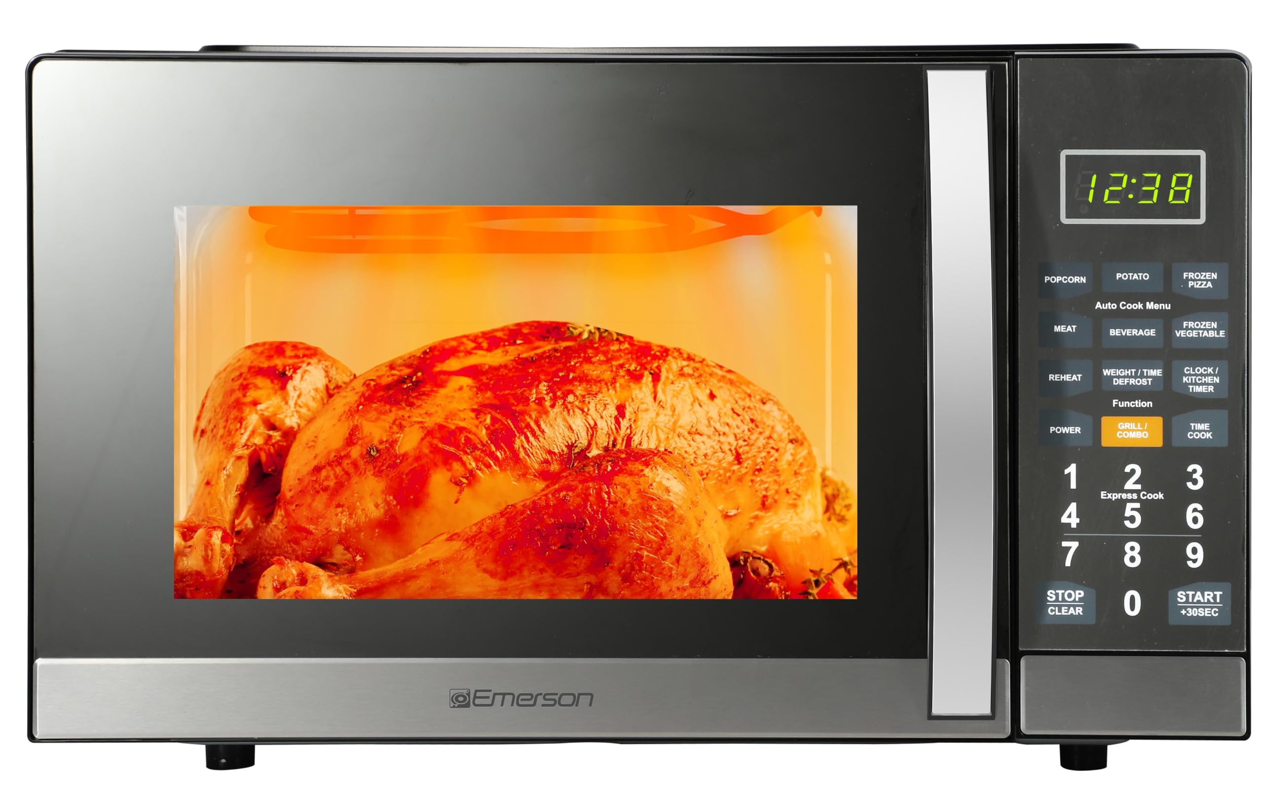 Emerson MWG1191SB Countertop Microwave Oven with 1100W Grill Function, Sleek Mirrored Finish 10 Power Levels, 6 Auto Menus, Glass Turntable and Child Safe Lock, 1.1 Cu. Ft, Stainless Steel