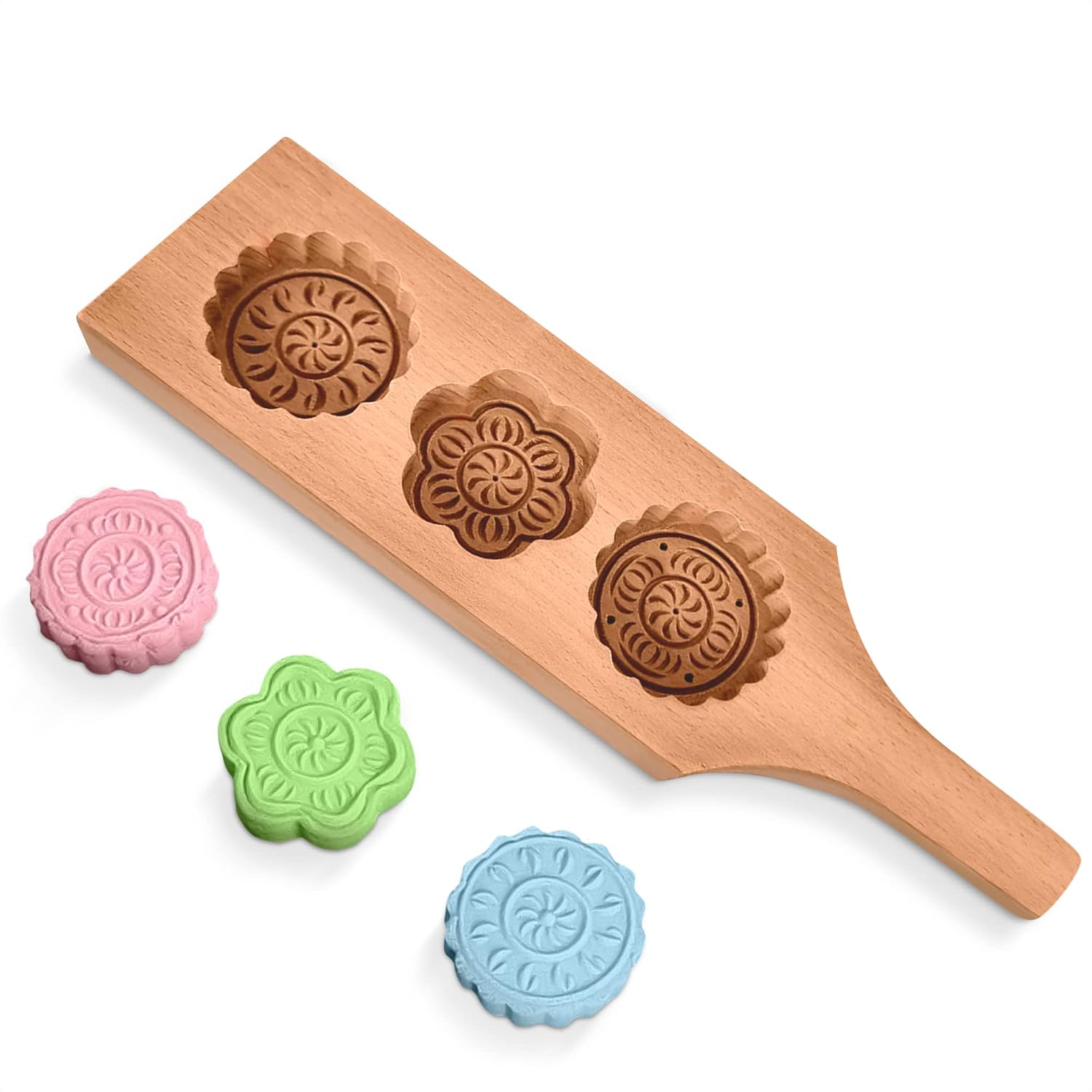 Wooden Cookie Molds for Baking - Moon Cake Molder Cookie Stamps Chinese Mooncake Mold - 3 Wooden Flowers Cookie Stamp Baking Moon Cake Mold for Muffin, Chocolate Mold Pie Stamps Dough Butter